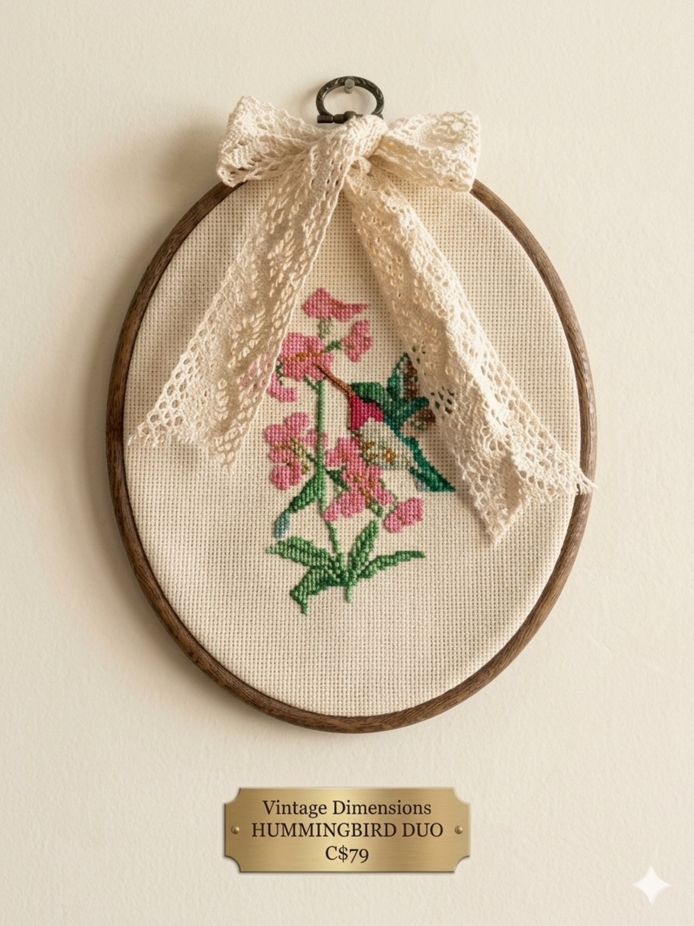 Vintage Dimensions "Hummingbird Duo" Handmade Cross-Stitch - Framed & Finished
